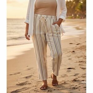 NATURALS D&CO Pink Yellow Pastel Striped Linen Straight Wide Leg Pants Plus 3X